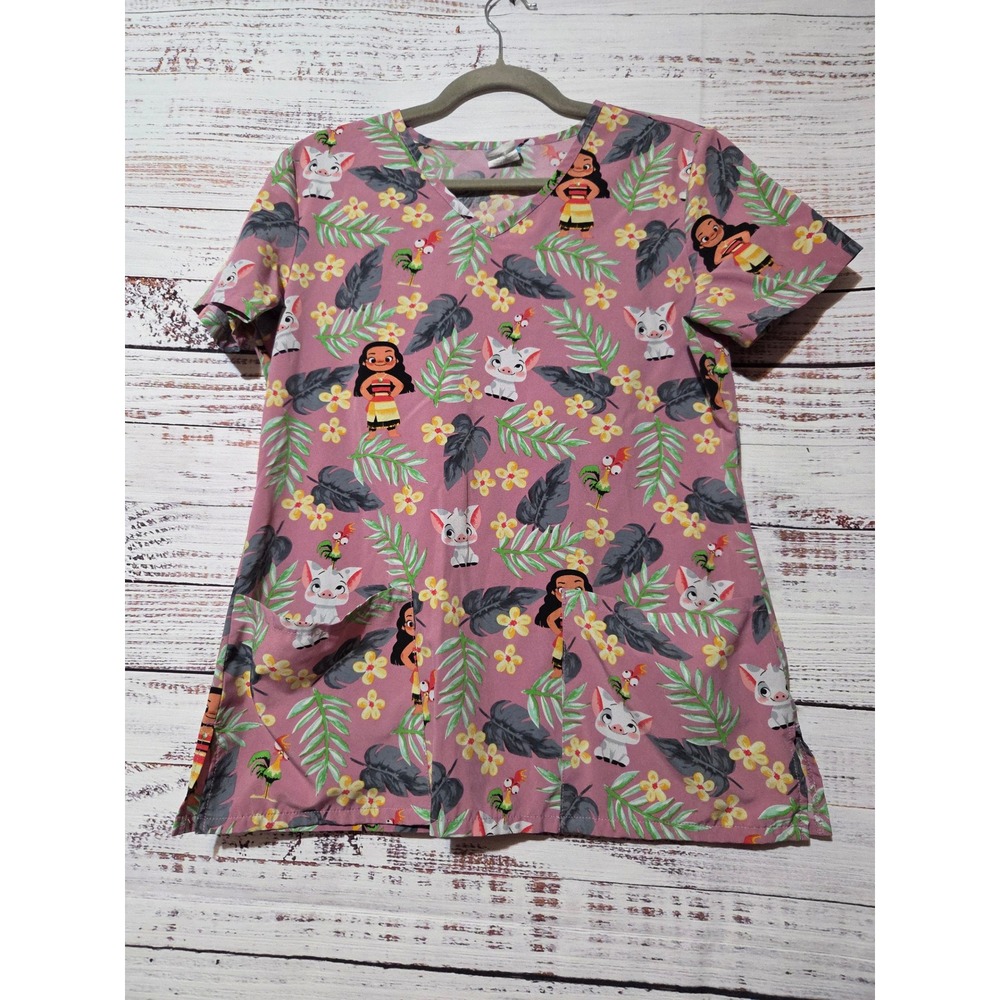 Disney Moana Scrub Top Pink V-Neck Pua Hei Hei Medical Uniform Small Nursing